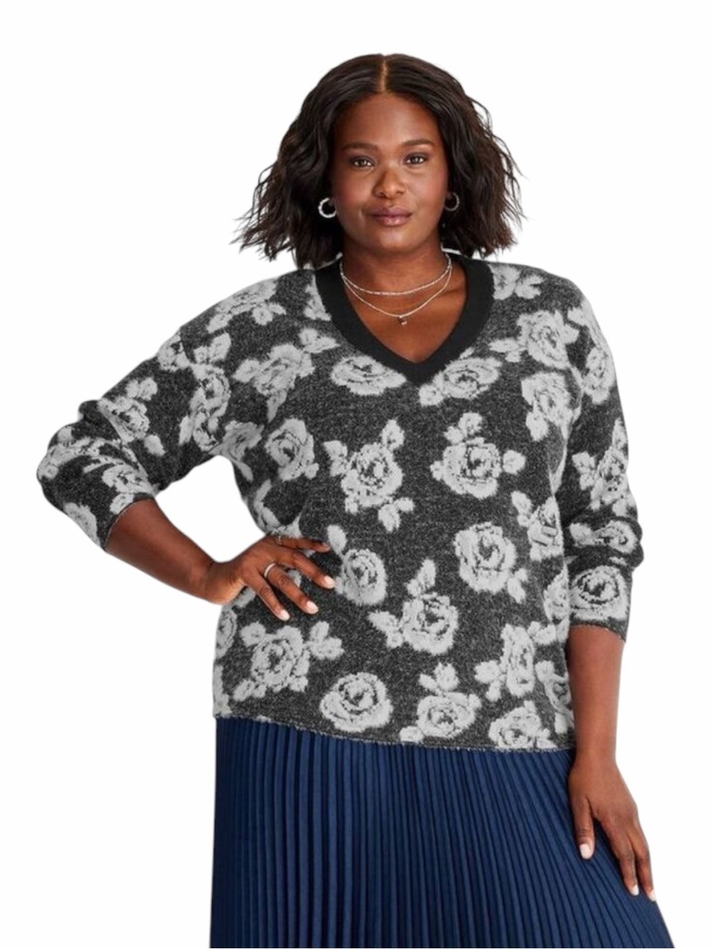 Future Collective Women's V-Neck Rose Print Sweater Size Large NWT